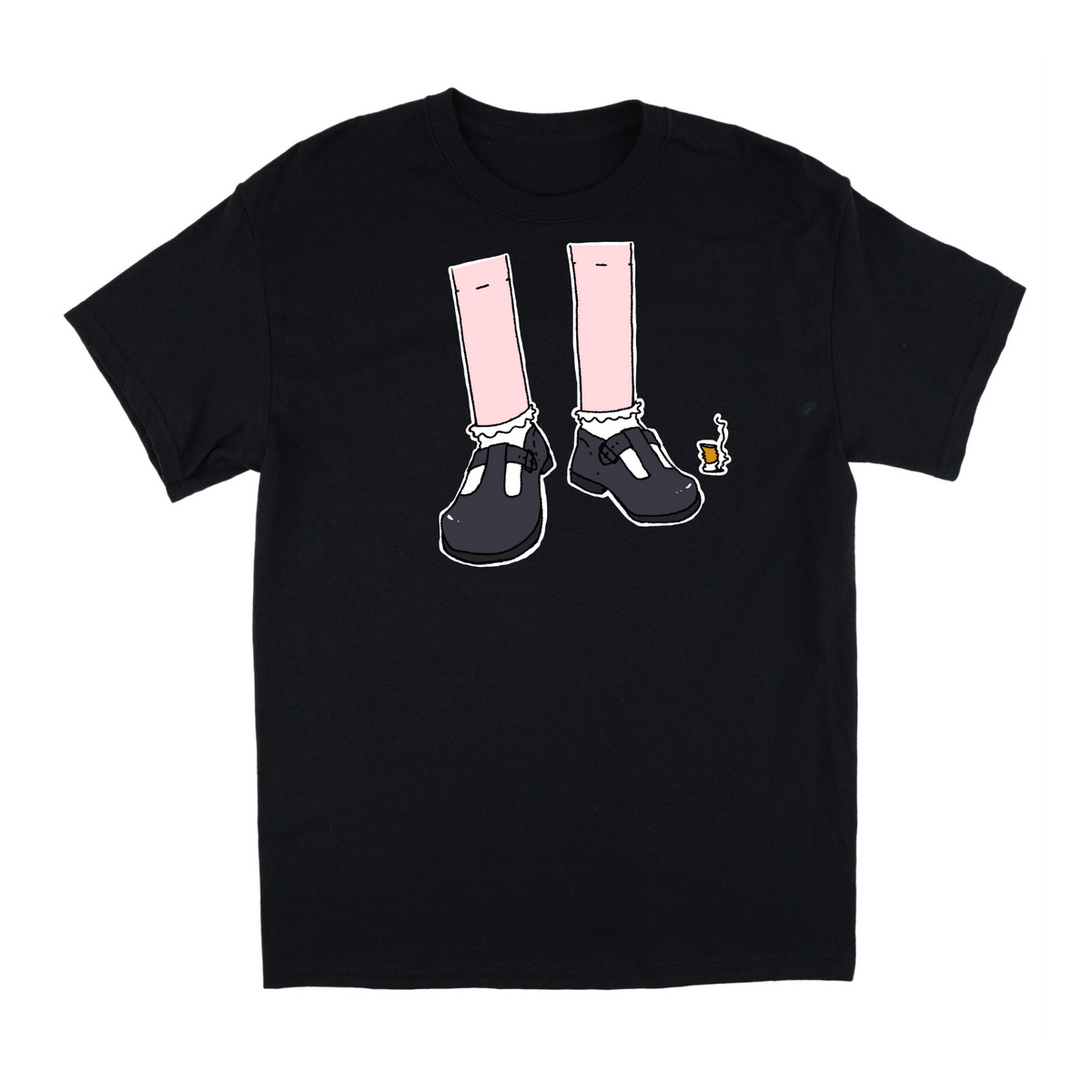 Black crew neck t-shirt with an illustration of a pair of legs wearing ruffled socks and Mary Jane shoes, with a stubbed-out cigarette in the background.