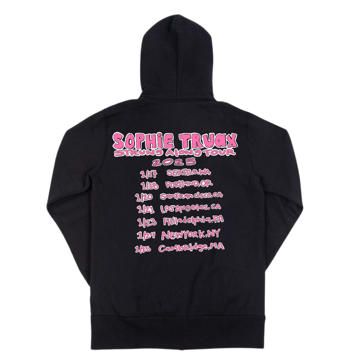 The back of a black hoodie with Bright pink graphic text saying "Strung Along Tour 2025" and listing the tour dates in 7 cities